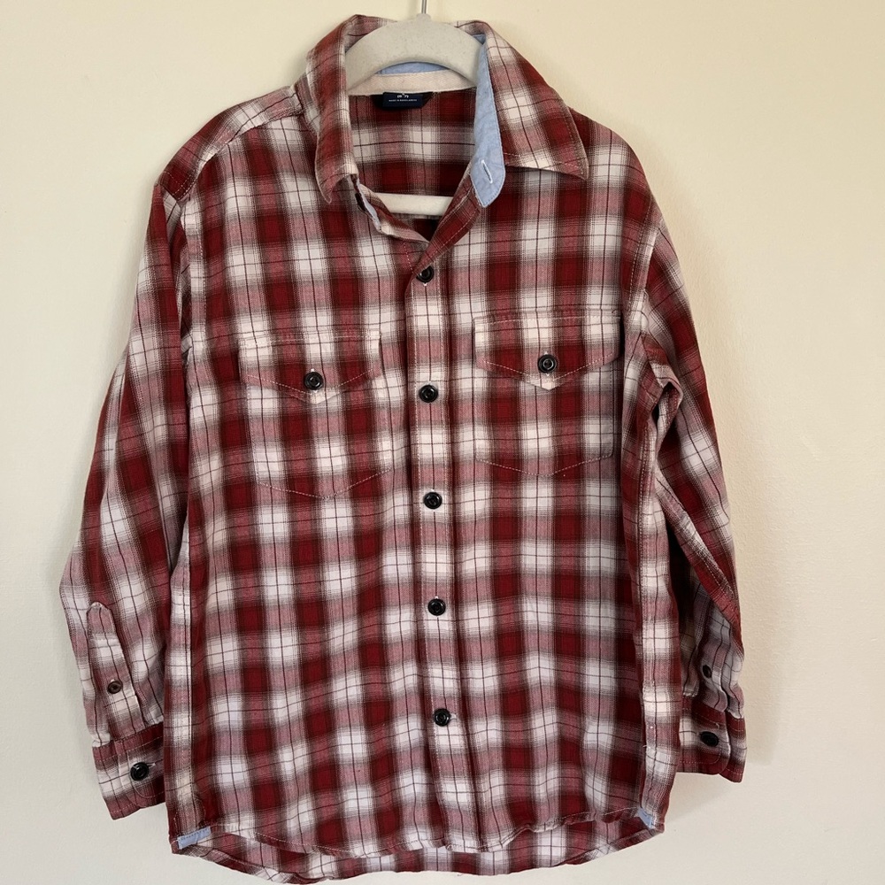 - GapKids boys maroon red/white plaid button down long sleeve shirt, size 6